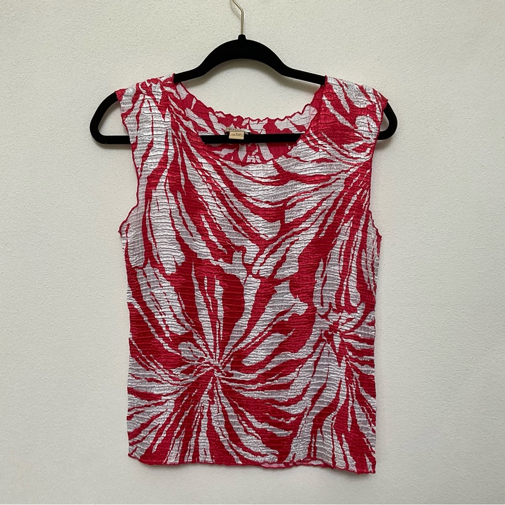 Plisse Red, White Tropical Print Scrunch Tank Top Size Large Vacation Summer